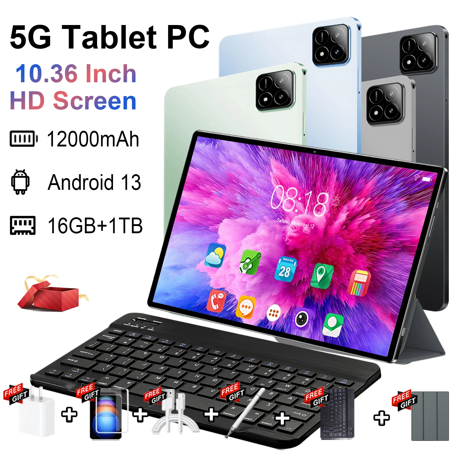 5G Pad 16GB Ram 1TB Rom 10.36 بوصة أندرويد 13.0 بلوتوث 10core 12000mAh WIFI Office GPS HD اللوحي مع لوحة المفاتيح
